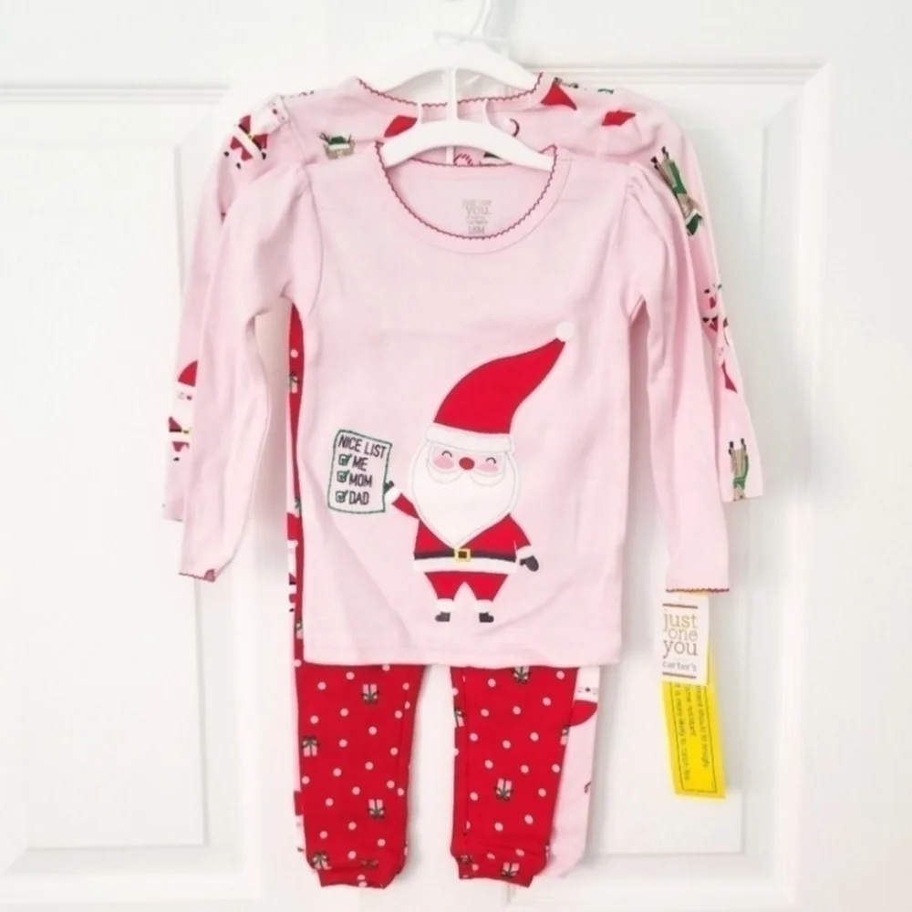 NWT Carter's Pink Red Christmas Holiday Santa Pajama 4 pc Set Baby Girl 18M New